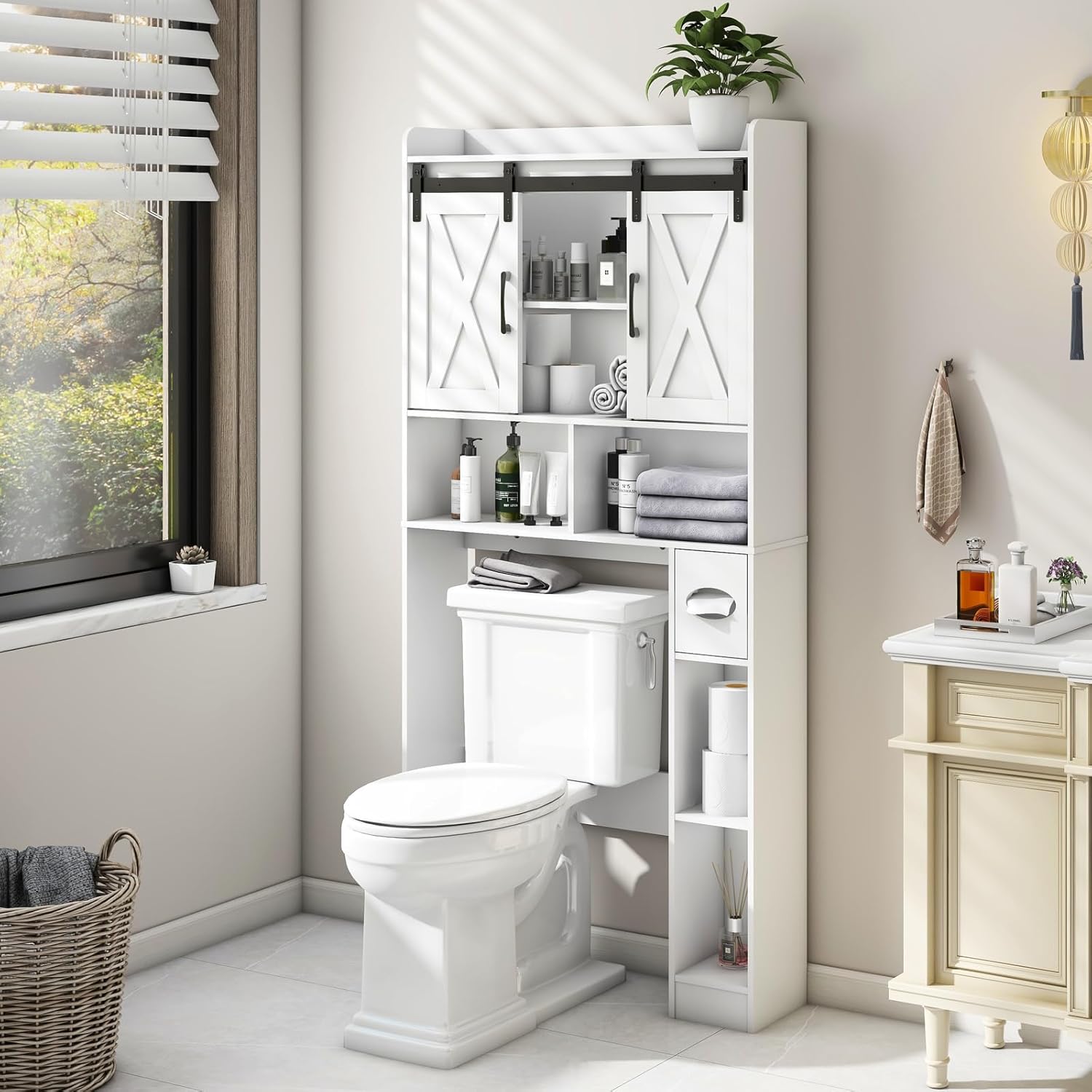 Vabches Over The Toilet Storage Cabinet, Farmhouse Storage Cabinet Over Toilet with Sliding Doors，Home Space-Saving Toilet Rack, for Bathroom, Restroom, Laundry