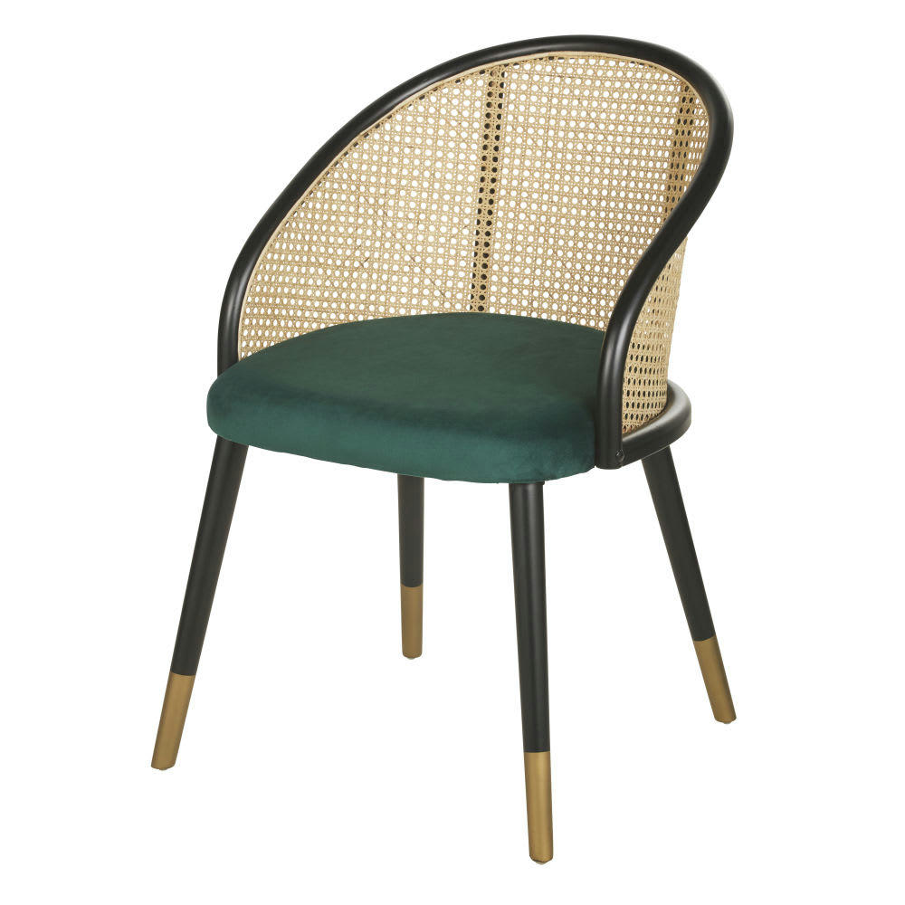 Sockette - Fauteuil de table en velours vert cannage en rotin