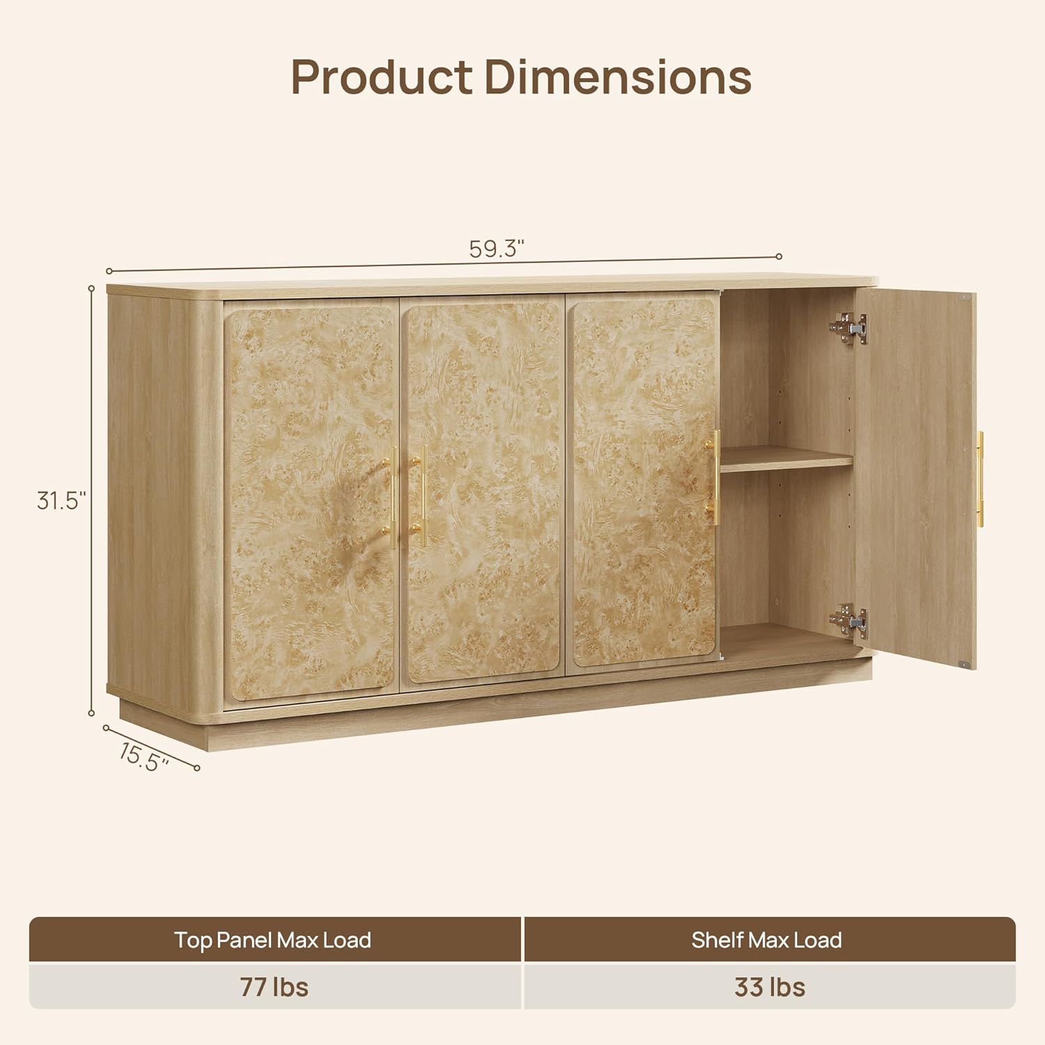 SICOTAS Buffet Cabinet with Storage - 59 Burl Sideboard Cabinet with 4 Doors Luxury Storage Cabinet Accent Credenza Large Media Console Table for Living Room Dining Room Entryway Kitchen
