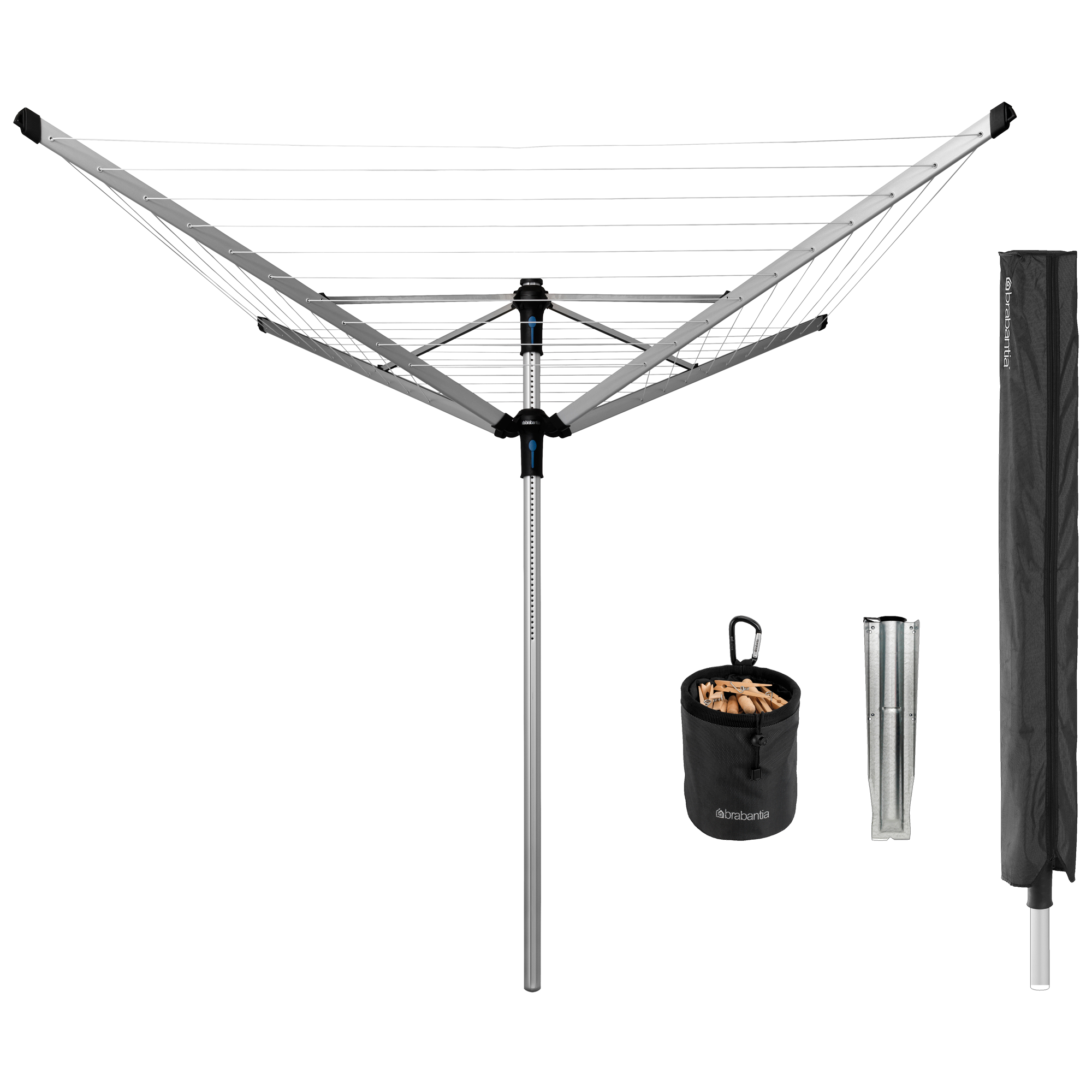 Brabantia Droogmolen Lift-O-Matic Advance, 60 meter met metalen grondanker, doorsnede 50 mm, beschermhoes en wasknijpertasje - Metallic Grey