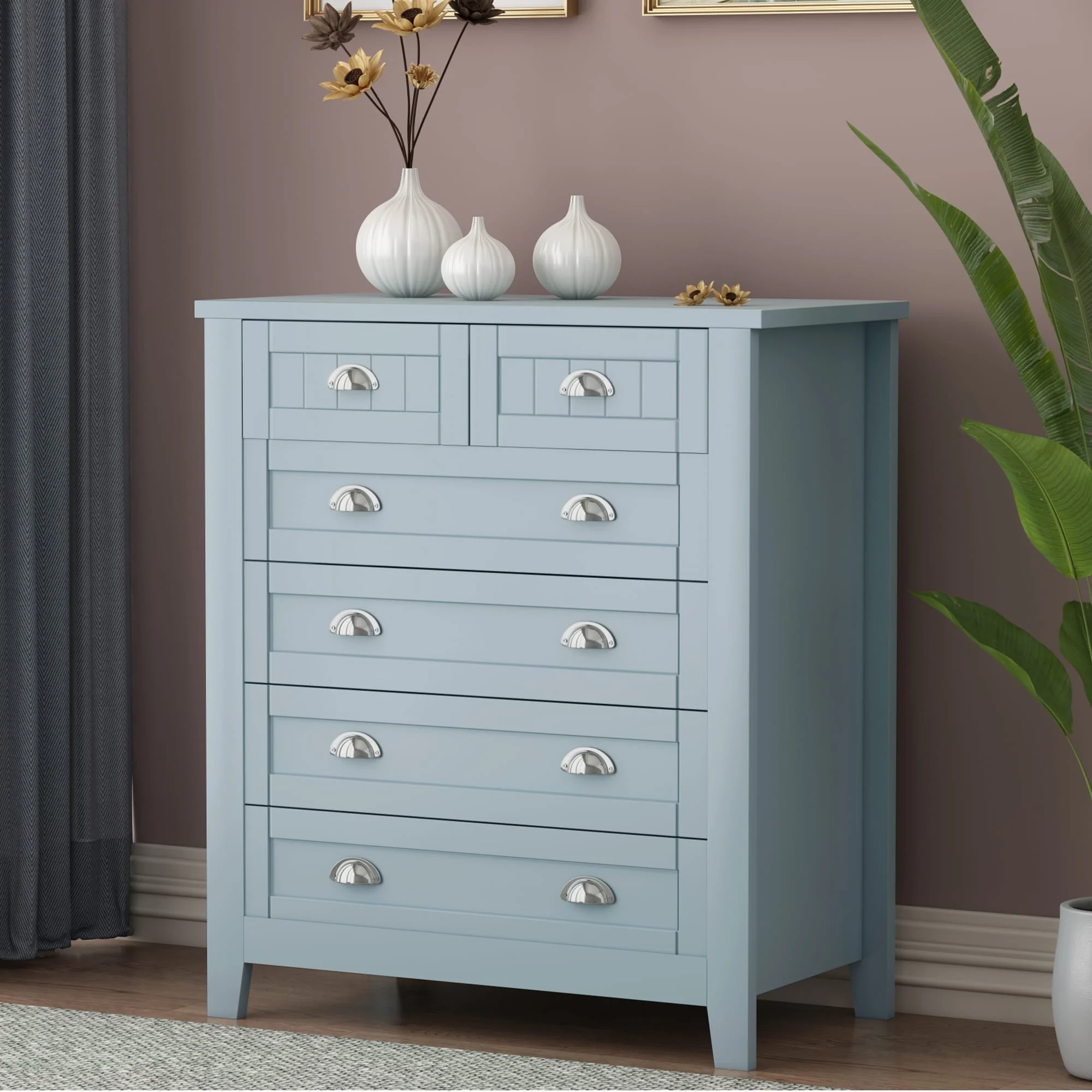 Blue-grey Dresser with Solid Wood Frame