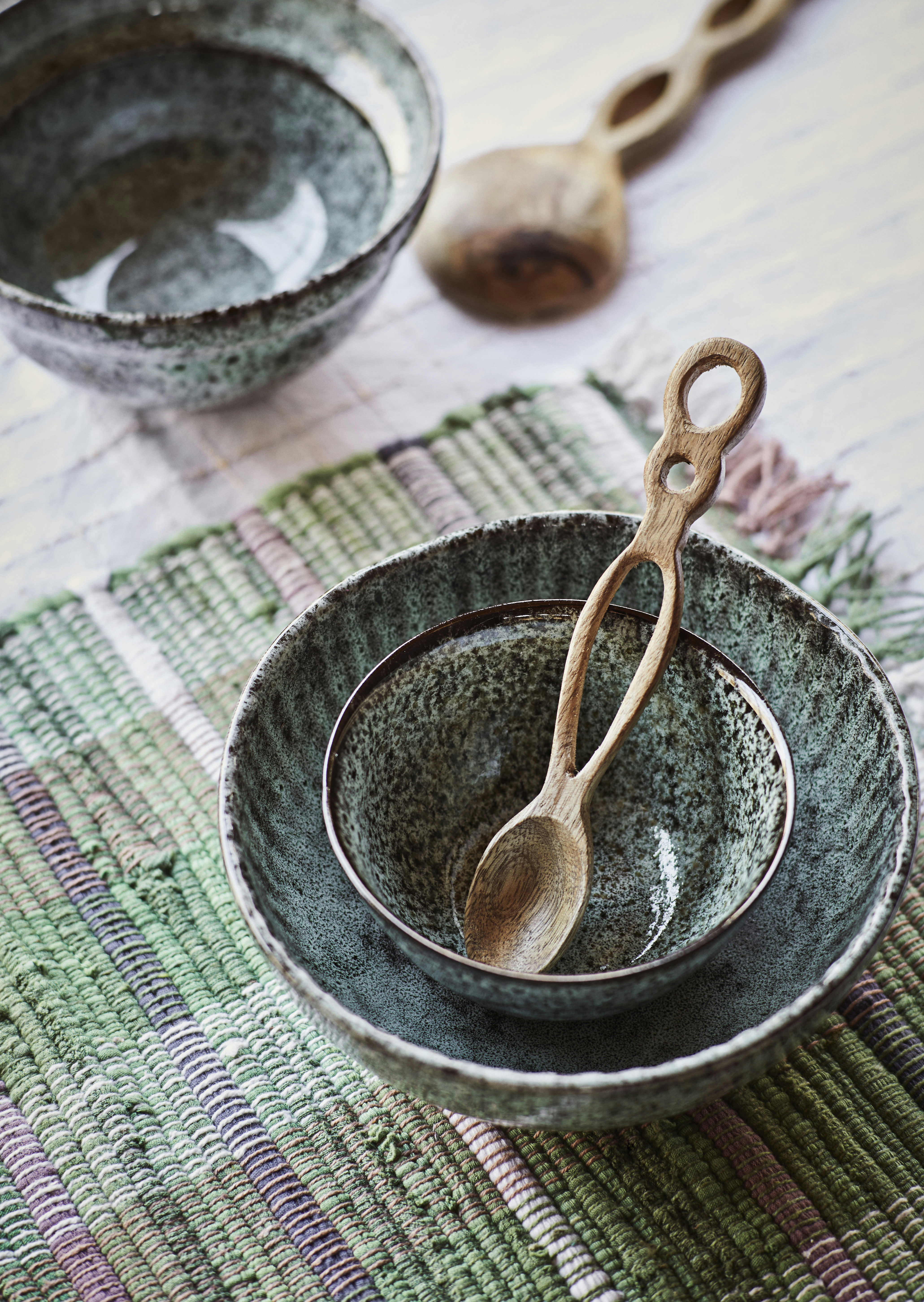 - Set de table en coton tissé à la main 33x48cm vert violet blanc cassé