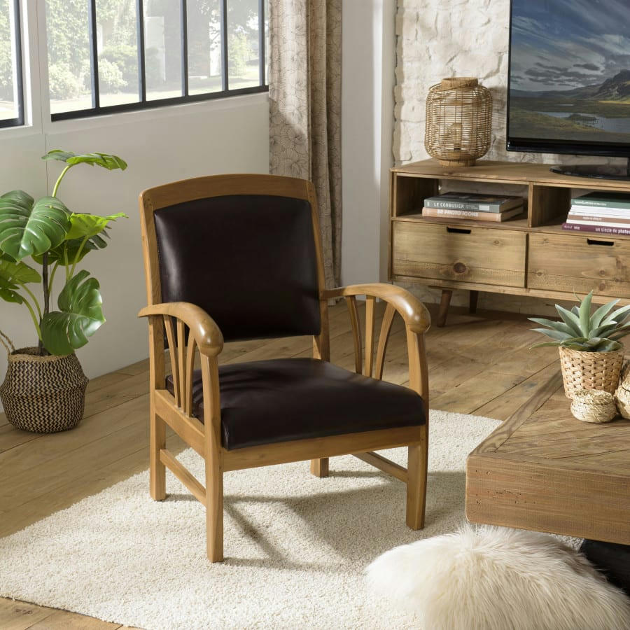 ERIS - Fauteuil en teck et cuir marron
