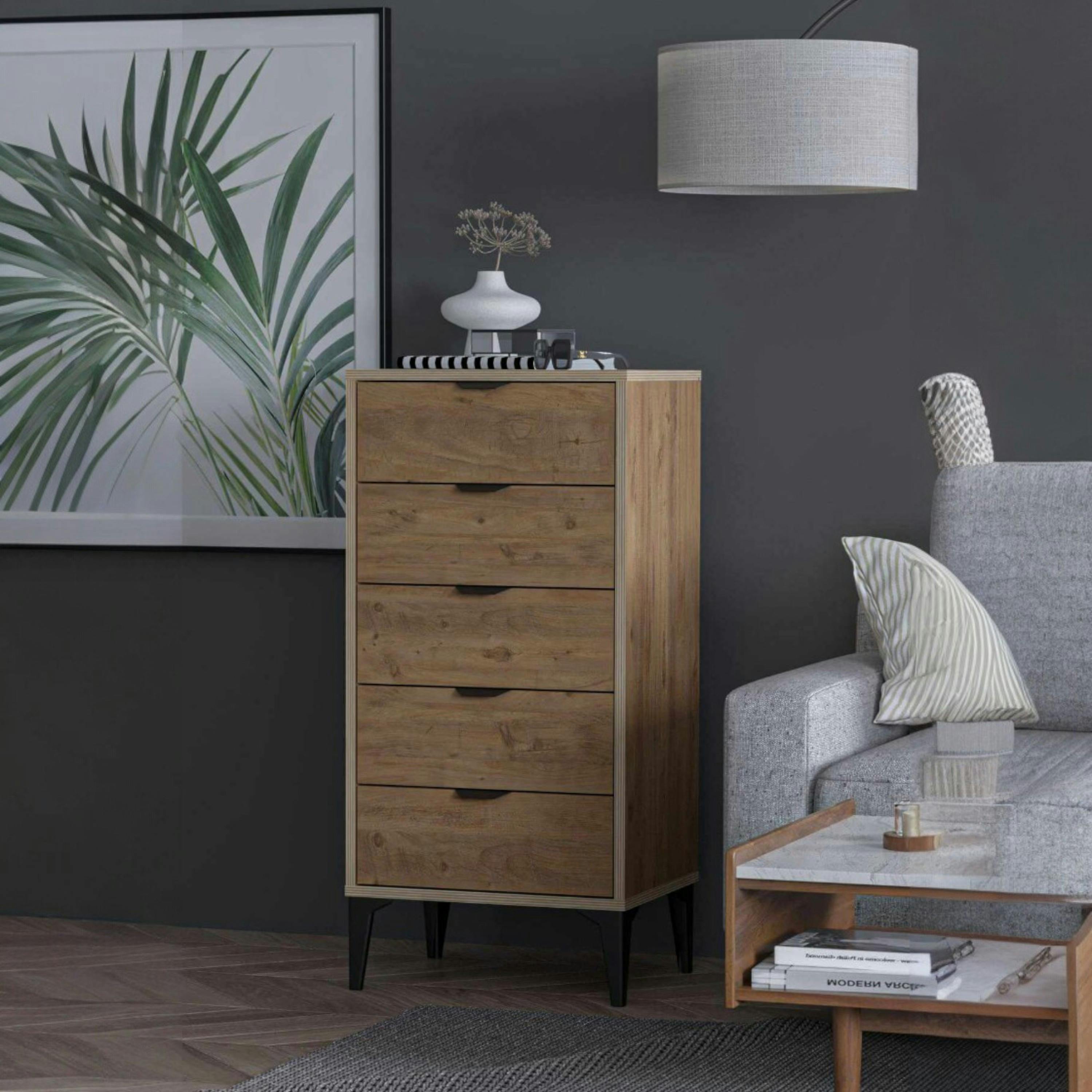 Commode étroite 5 tiroirs décor pin BYRON