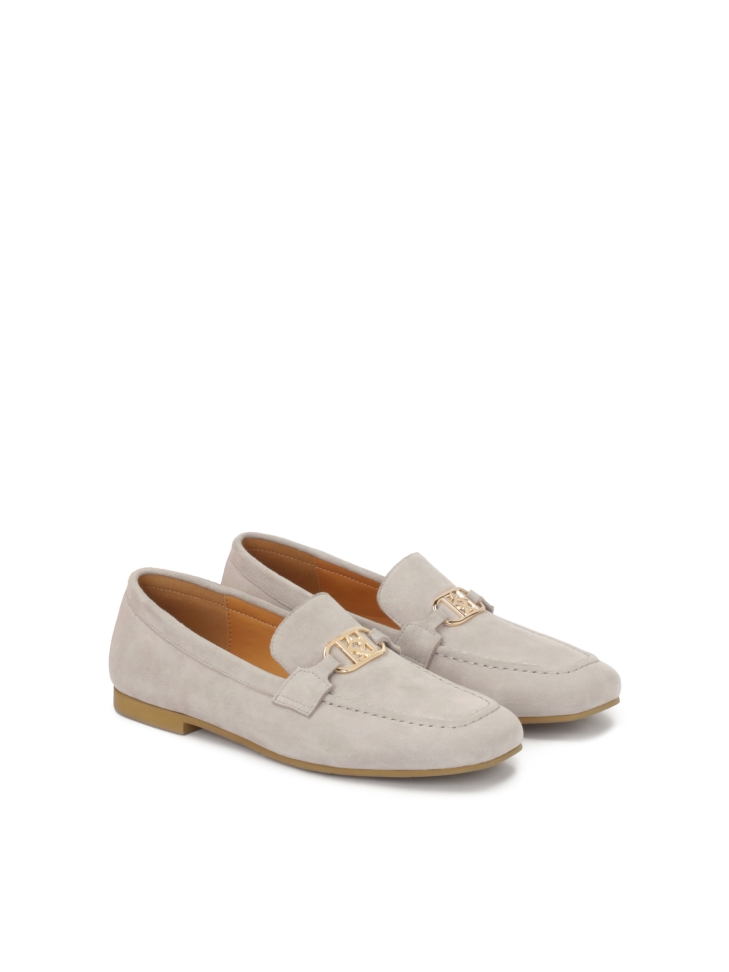 Grey suede loafers with metal embellishment