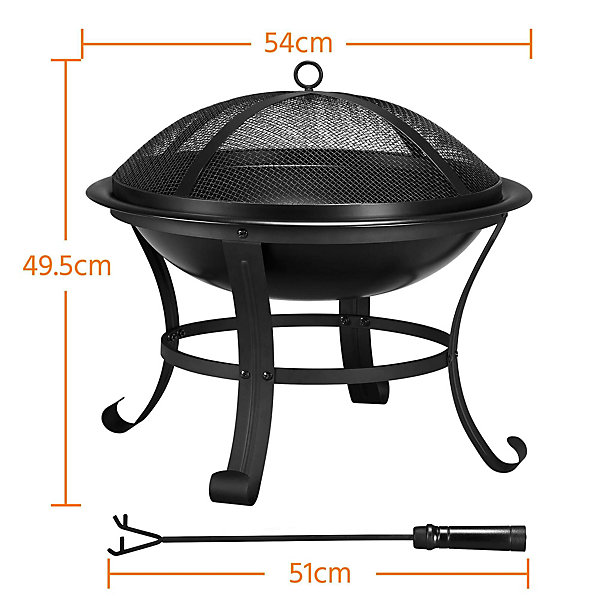 Brasero Jardin Chauffage Noir Foyer avec Tisonnier Grille et Couvercle en Fer 54 x 54 x 50 cm Terrasse Exterieur Patio