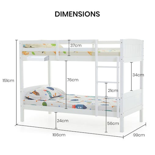 NNEMB Single Bunk Bed Frame Solid Pine Wood Timber-Modular Design-White