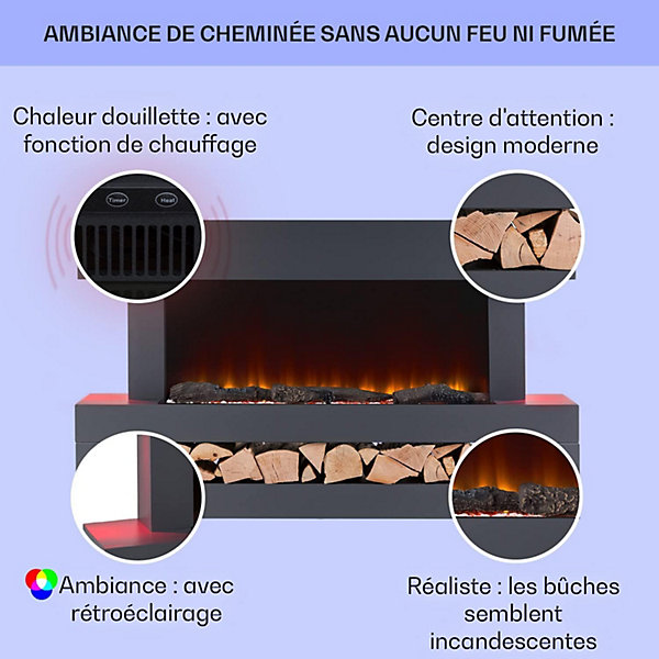 Cheminée électrique Décorative avec Télécommande - Chauffage LED 2000W, Effet Flamme Réaliste