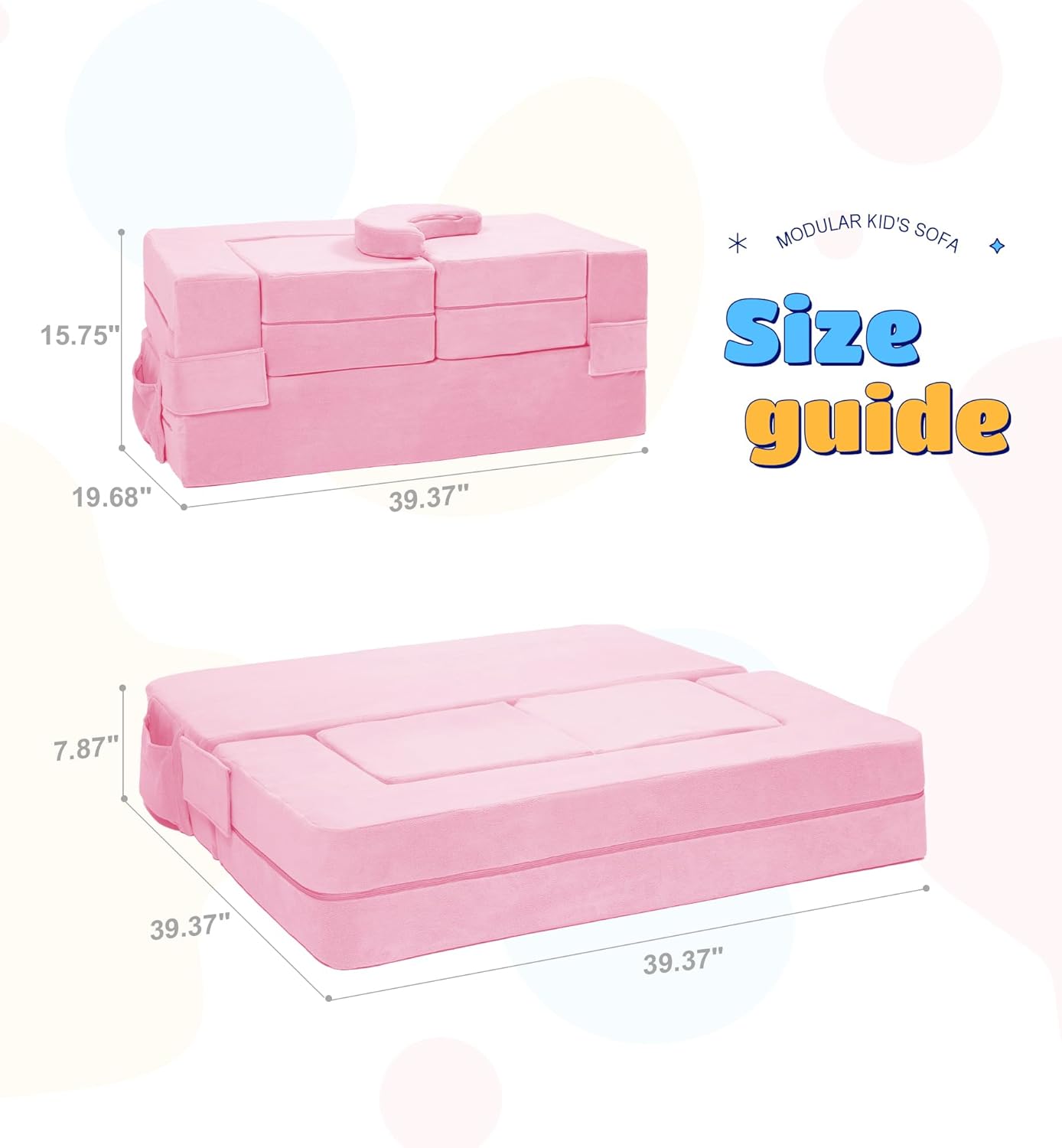 Elftopia Modular Kids Sofa,Toddler Couch Foam Armchair for Kids, Children Convertible Plush Sofa Play Set,Fold Out SofaBed(Pink)