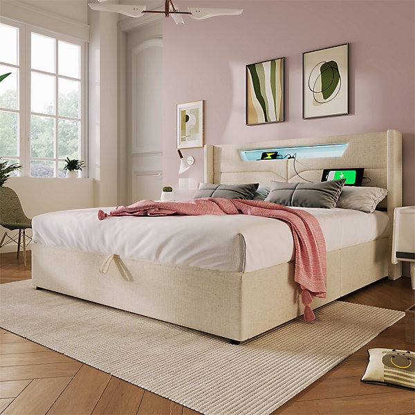 Lit adulte lit 160x200 cm lit rembourré lit de rangement lit sommier à lattes en bois lit double lin beige
