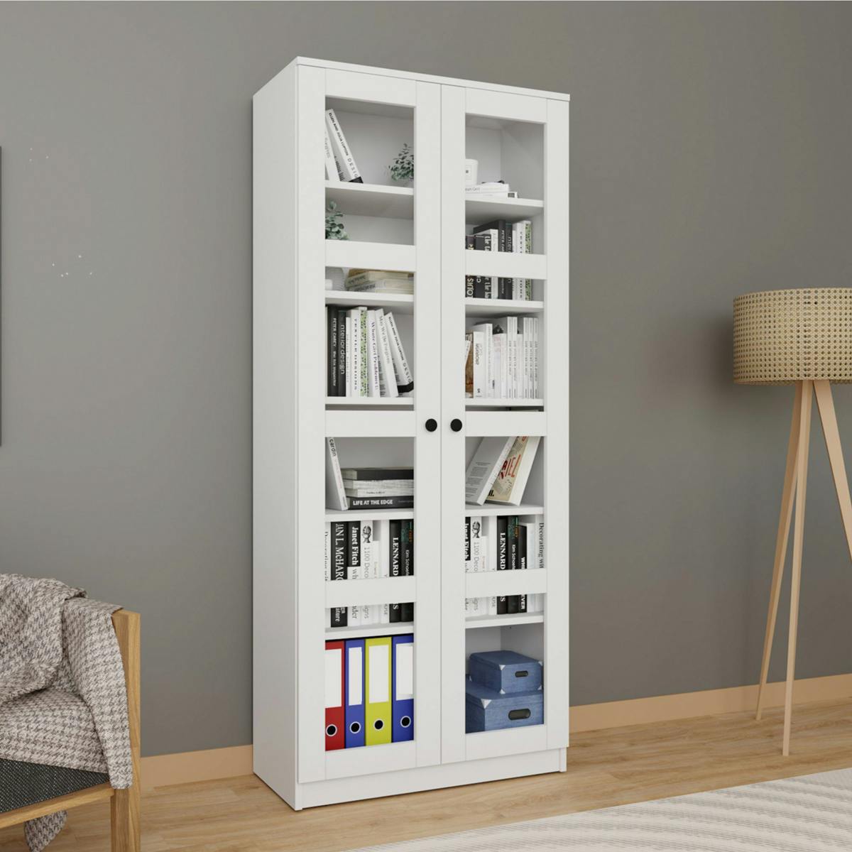 Bibliothèque vitrine blanche, 6 étagères réglables SALTA