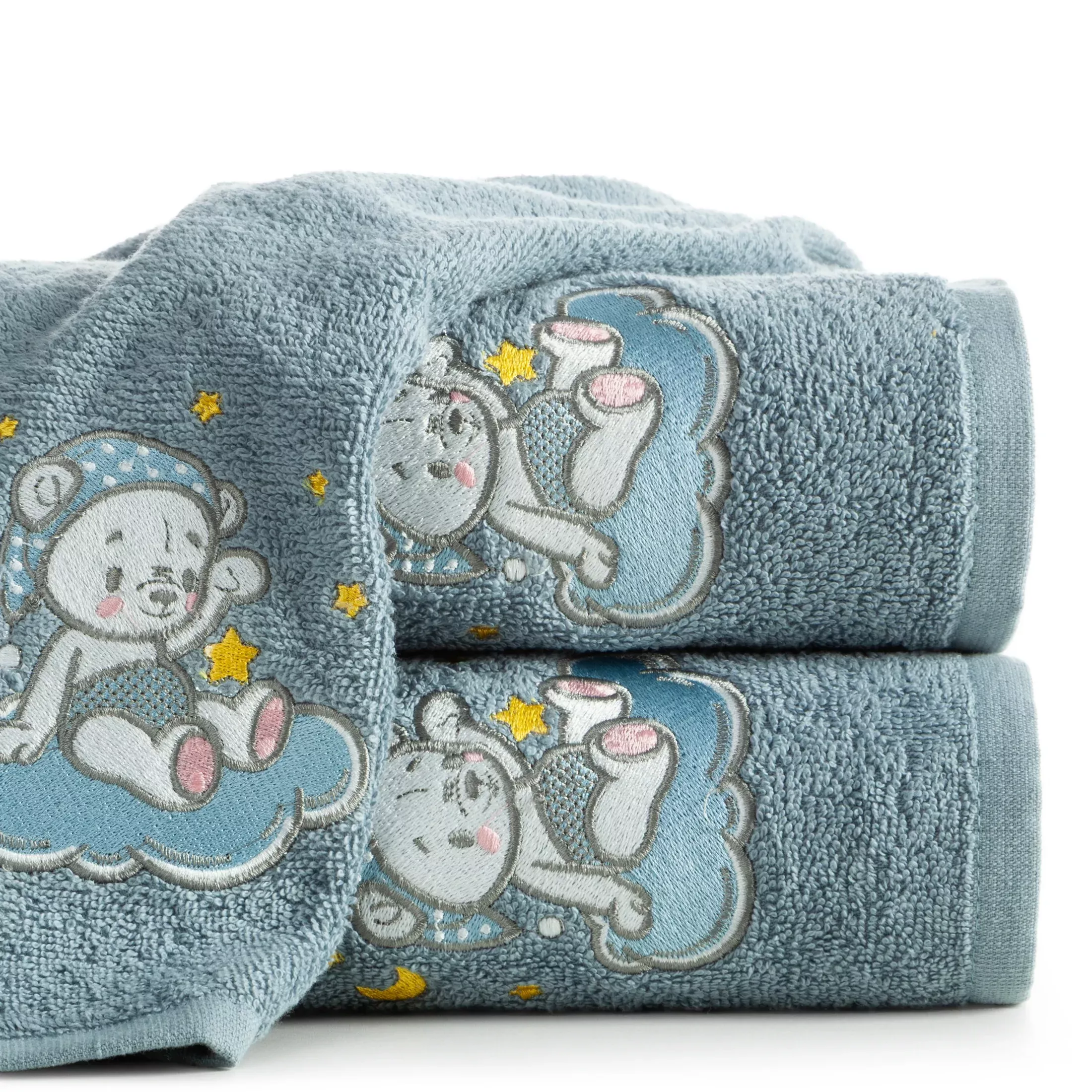 Ręcznik kąpielowy dziecięcy 70x140 cm bawełniany kolor niebieski z aplikacją misia 450 g/m2 BABY 75