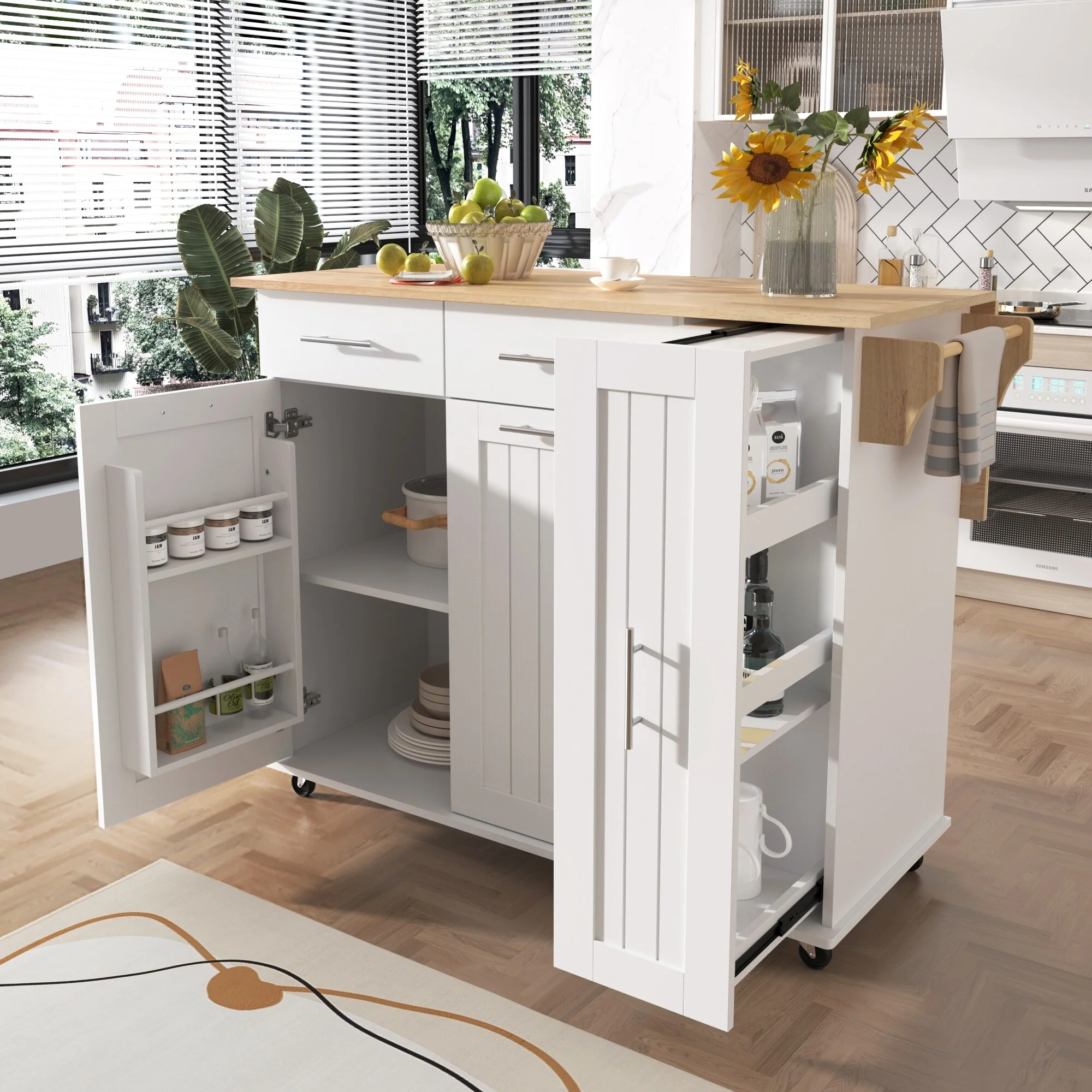 Rolling Kitchen Island Cart, Kitchen Island with 3 Tier Pull Out Cabinet, Portable Trolley Island with Drop Leaf & 2 Drawers