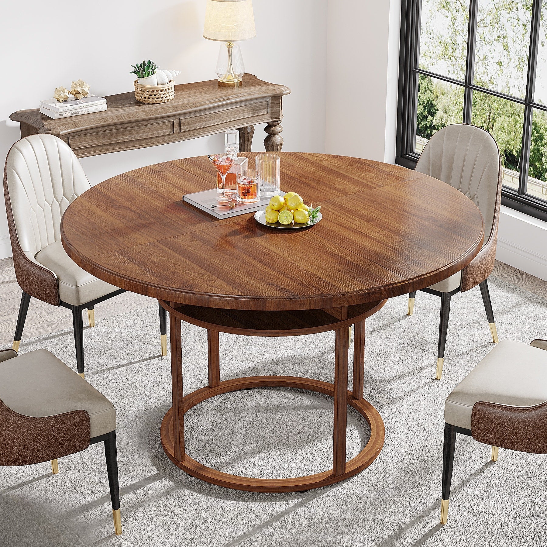 47 Round Dining Table for 4-6, Kitchen Table with Metal Frame and 4 Divided Storage Compartments for Dining Room, Dark Walnut