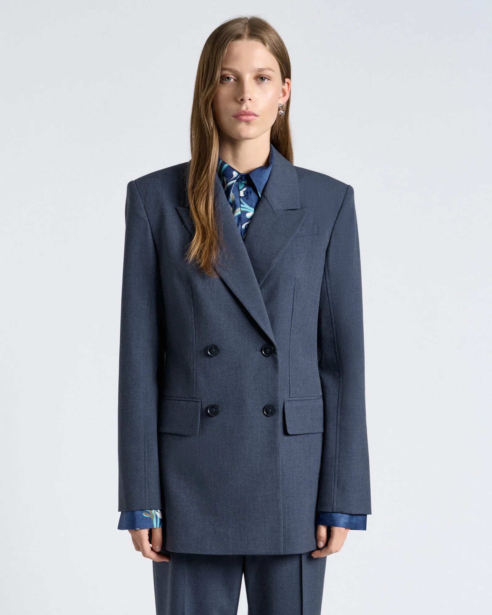Grey Melange Suiting Double Breasted Blazer