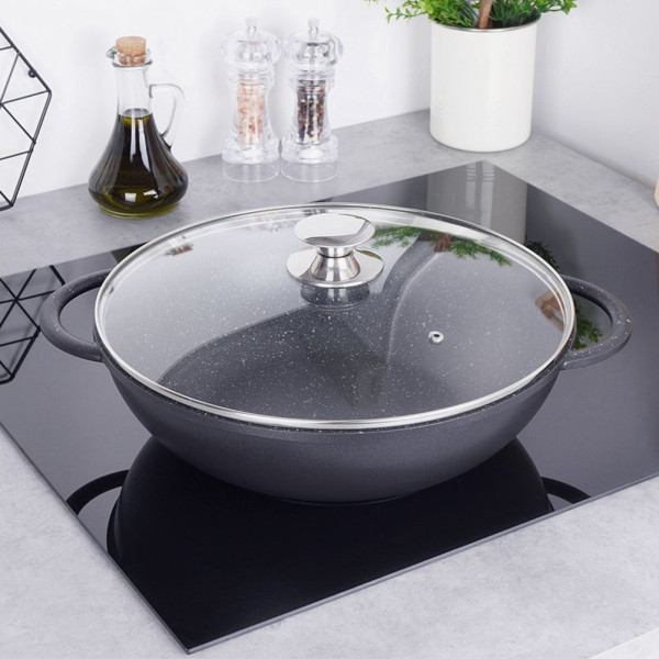 Patelnia wok z pokrywką granitowa GRANDE 32 cm