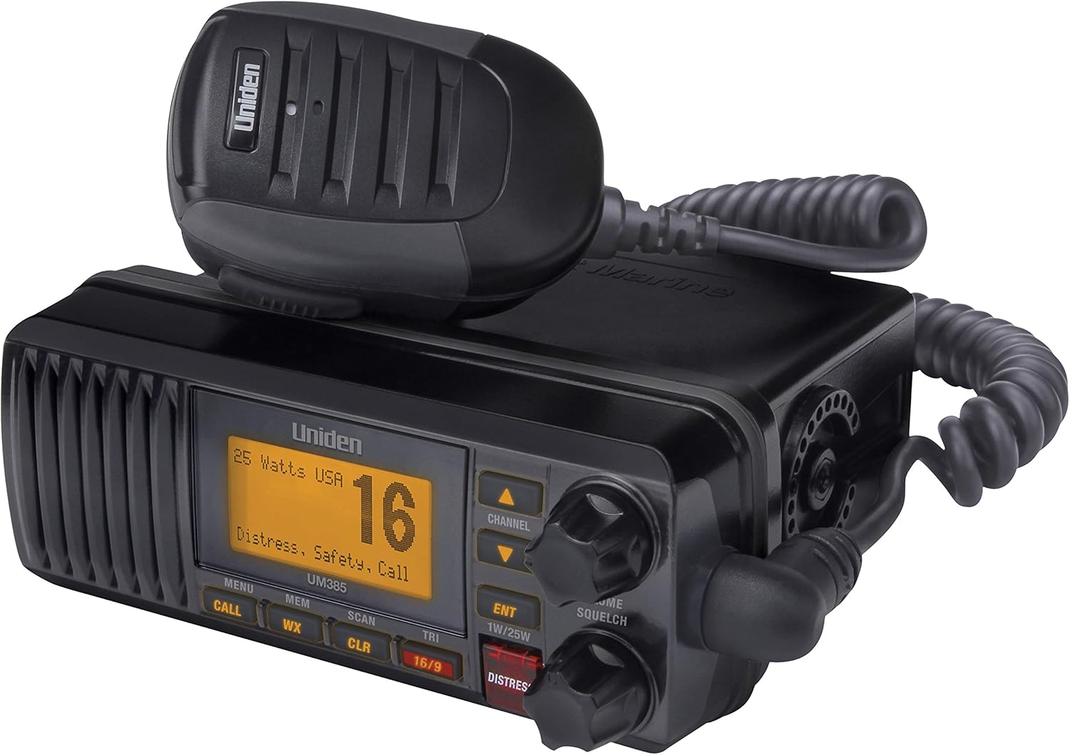 Uniden UM385BK 25 Watt Fixed Mount Marine VHF Radio  Waterproof  Noaa Weather Alert  All USA/Intl/Canadian Marine Channels