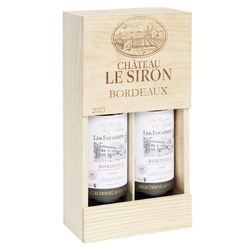 Coffret vin rouge en bois 2 bouteilles Bordeaux Château Le Siron 2023 2x75cl