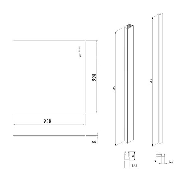 Pare-muret 100x100cm Paroi en verre Crystal Glass 8 mm anticalcaire, avec bras et profilés noir mat (SATBWIS100PRC)