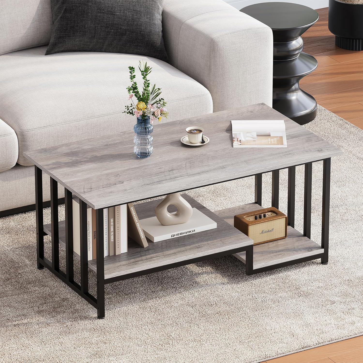 Coffee Table, 39 Inch 2-Tier Farmhouse Rustic Coffee Table with Storage, Modern Rectangle Wooden Center Table, for Living Room, Small Space, Easy Assembly, Wash Gray