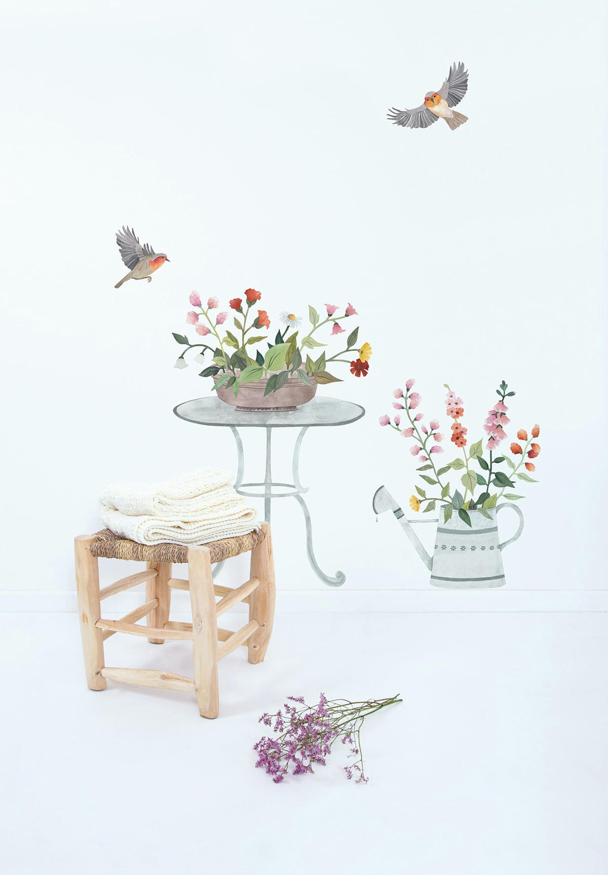 QUEYRAN - Sticker arrosoir et fleurs en Vinyle mat Multicolore 48x60cm