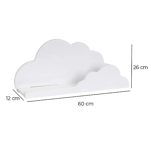 Etagère murale à accrocher au mur pour chambre enfant,forme nuage en pin,coloris blanc-Longueur 60 x Largeur 12 x Hauteur 26 cm