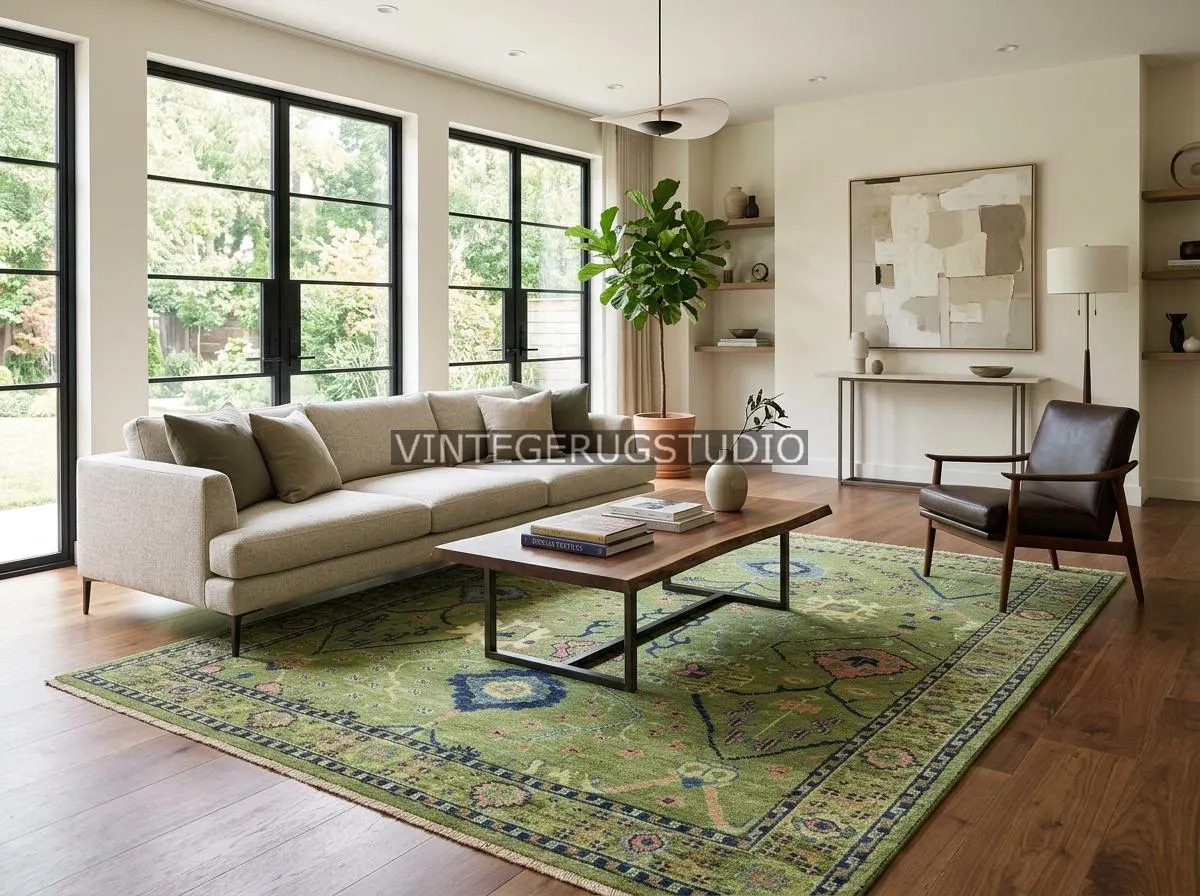 Green Floral Rug, Vintage Oushak Area Rug 8x10 9x12, Hand Knotted Persian Oriental Rug, Boho Decor, Living Room, Bedroom, Hallway, Kitchen