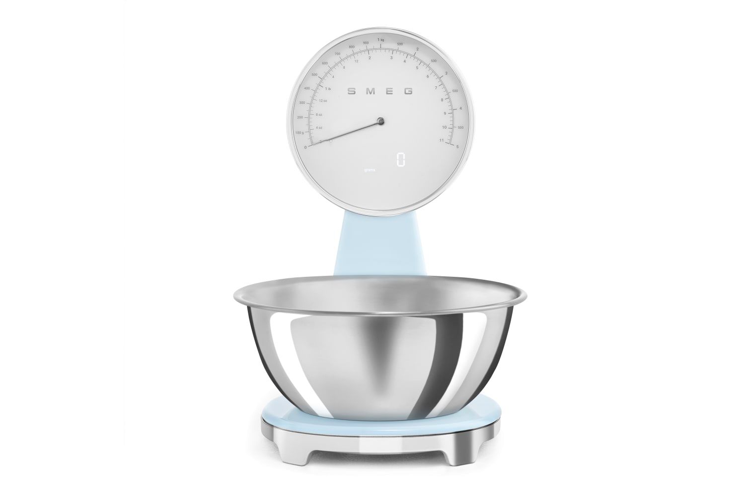 Smeg KSF01PBWW 50's Style Analogue and Rechargeable Digital Kitchen Scales with removeable stainless steel bowl, four units of measurement and LCD display, Pastel Blue