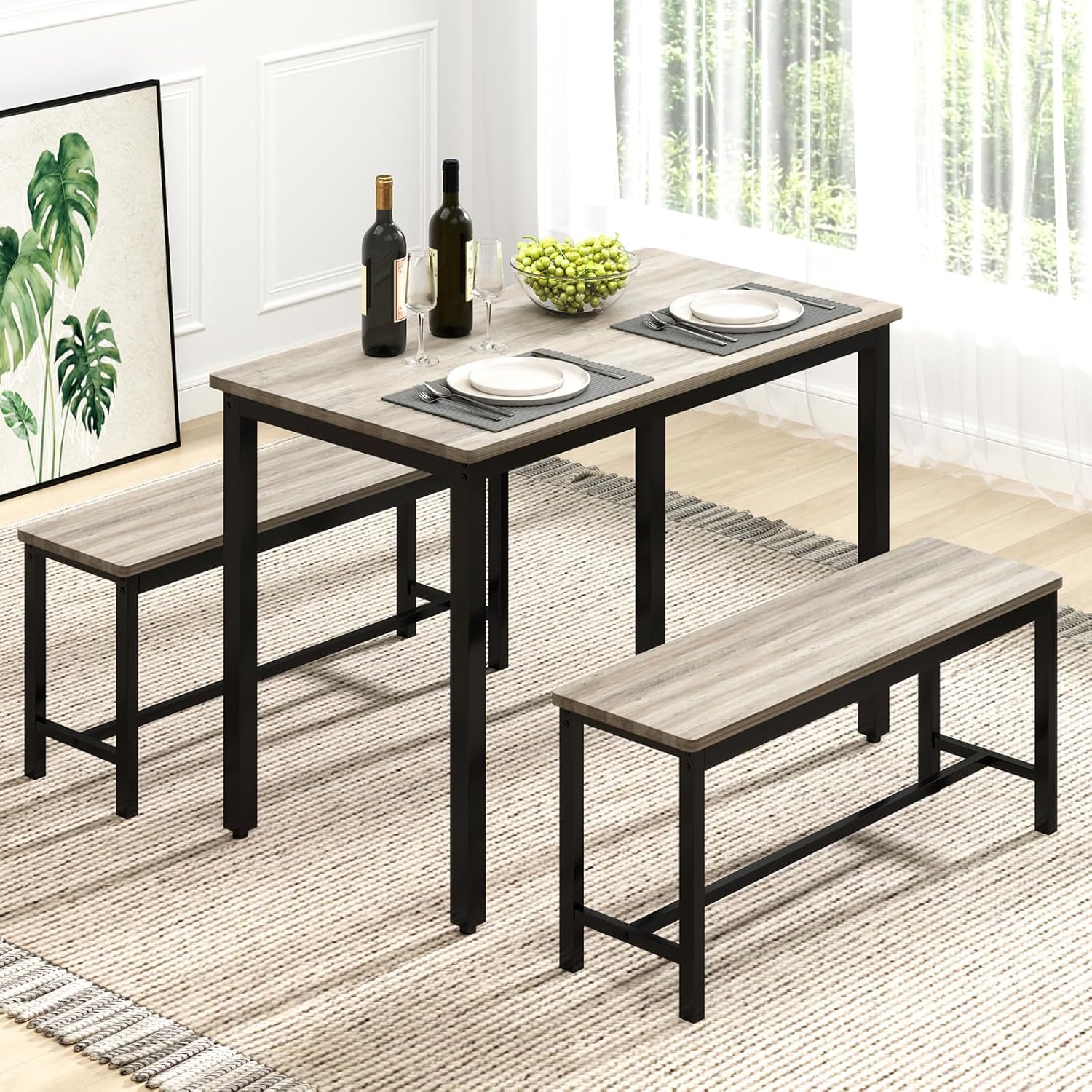 Rovibek Dining Table Set for 4 with 2 Benches – Space-Saving Kitchen Table Set for Kitchen & Dining Room, Grey