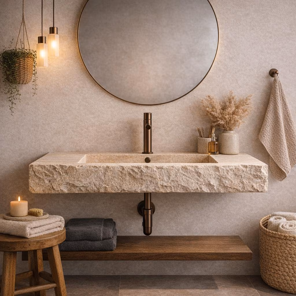 Travertine Floating Bathroom Sink, Wall Mounted Travertine Vanity, Natural Stone Bathroom Sink, Handmade Travertine Washbasin