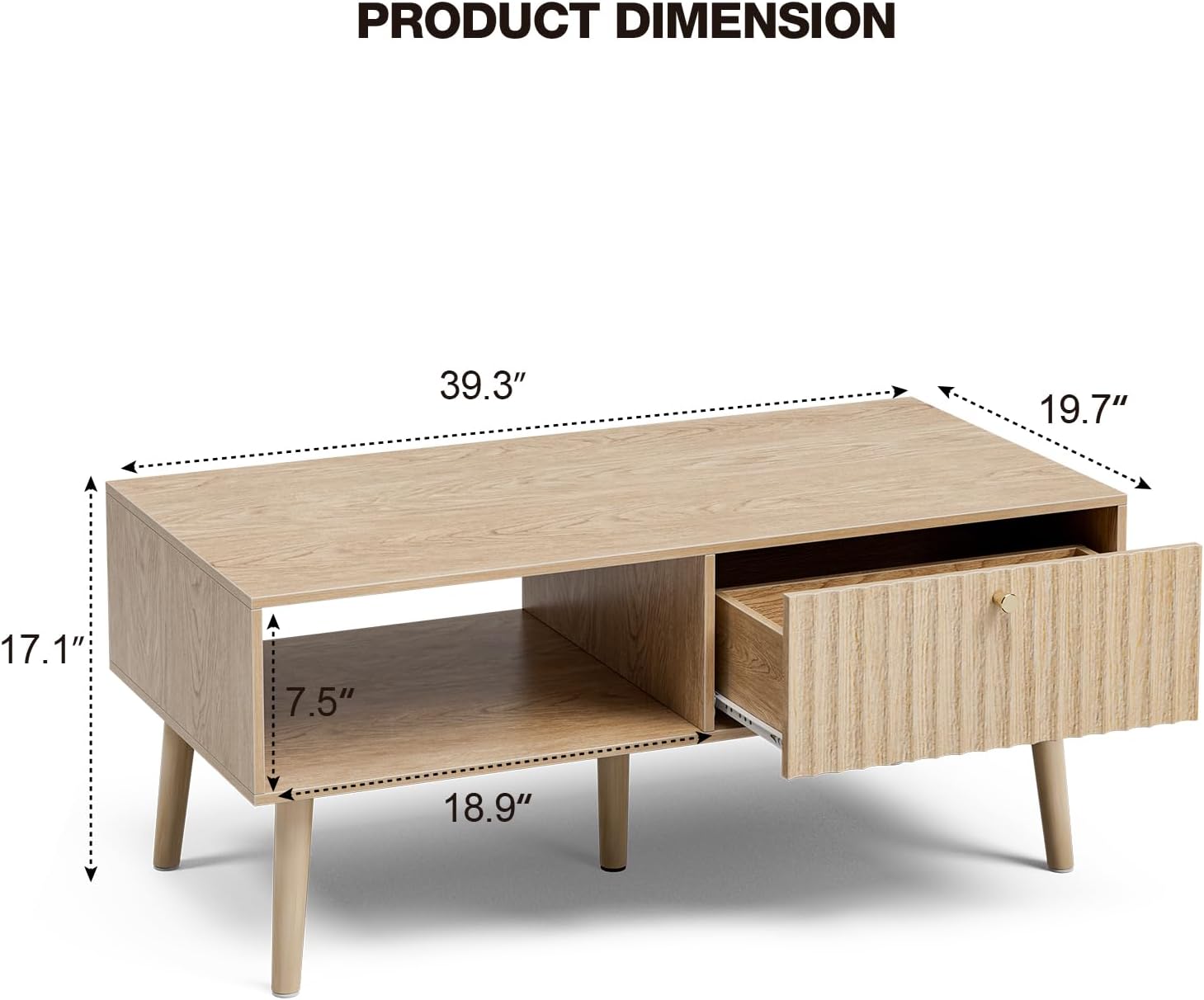 LCRBOL Coffee Table with Storage, Boho Dining Table with Fluted Drawer and Solid Wood Legs, Small Coffee Tables for Living Room, Oak