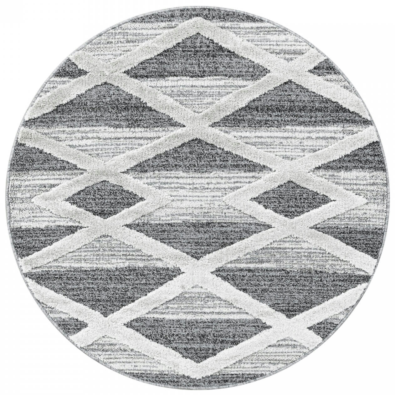 BOHEME - Tapis bohème rond à relief blanc et gris 160x160cm