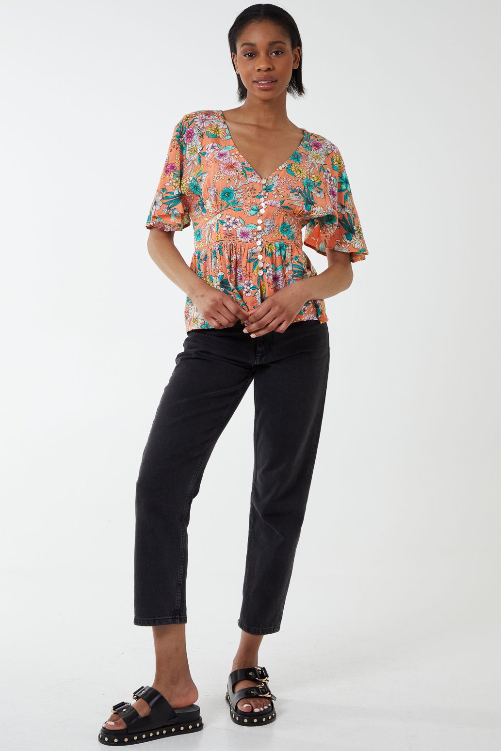 Blue Vanilla Button Front Batwing Peplum Top
