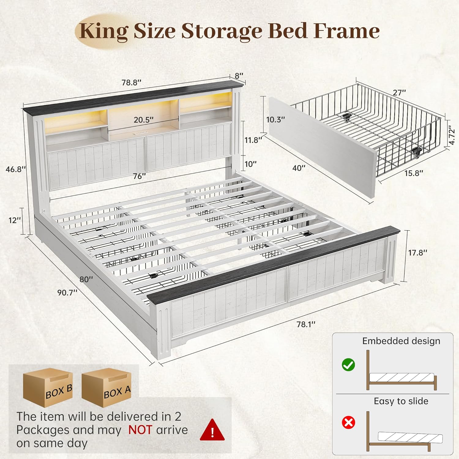 EnHomee King Bed Frame and Headboard, King Size Bed Frame with 4 Storage Drawers, King Bed with LED Lights & Charging Ports,No Box Spring Needed,NO Noise,Wooden, White