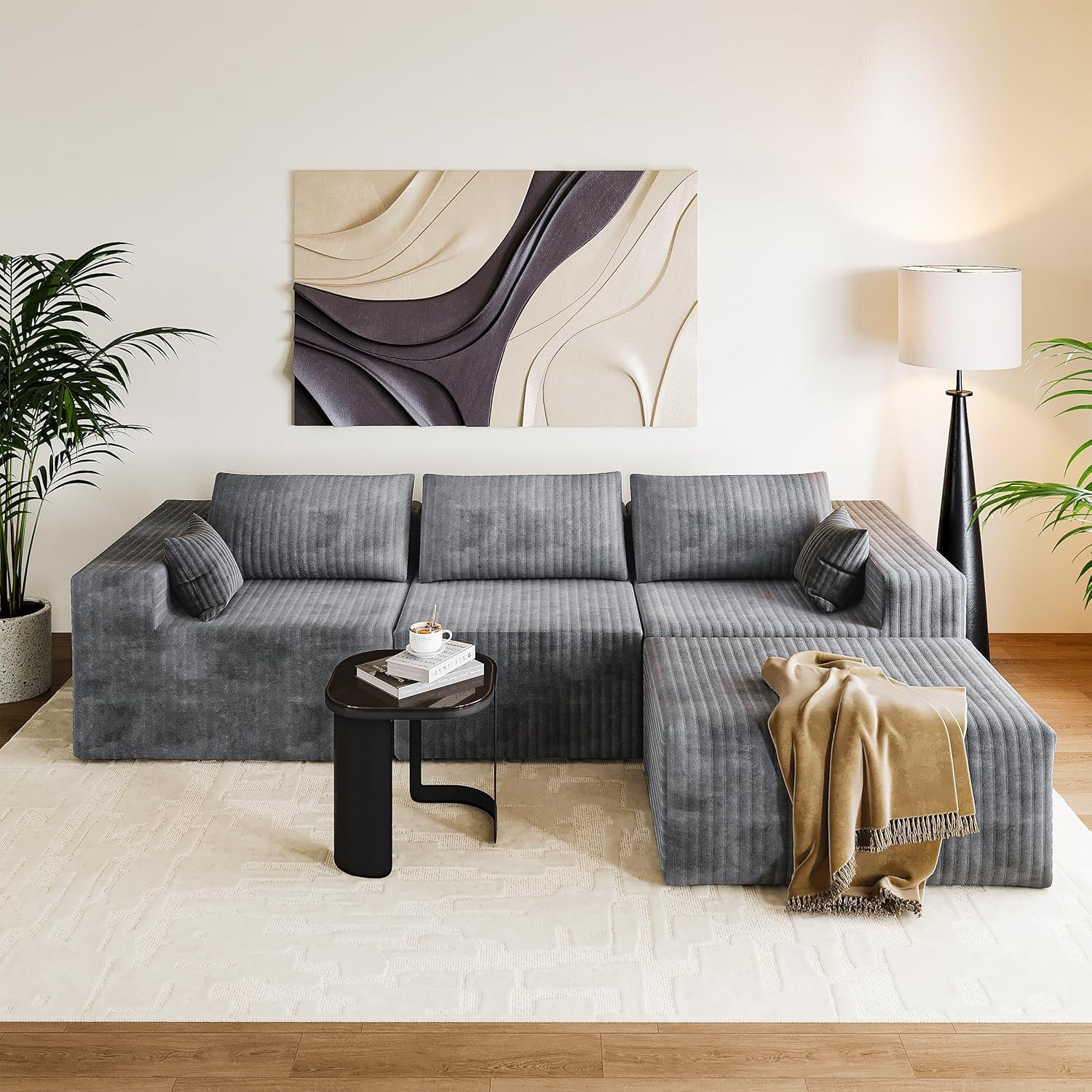 110 Boneless Couches for Living Room Cloud Couch Modular Sectional Sofa with Deep Seat Plush Large Foam Sofa L-Shape Sofa Couch,No Assembly Required, Carbon Gray(Plush Corduroy Fabric)