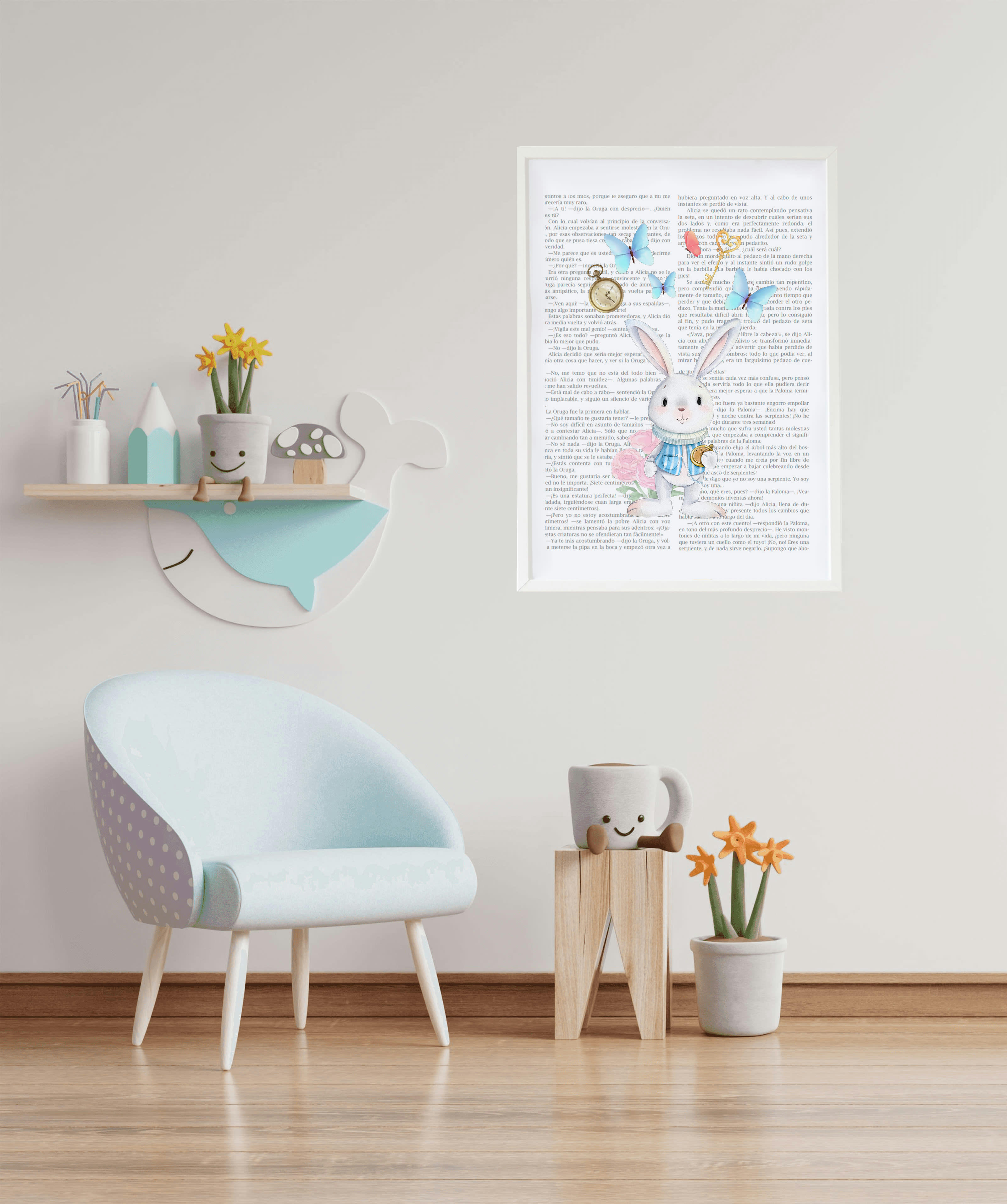 DECOWALL - Impression l'histoire du lapin encadrée en bois blanc 43X33 cm