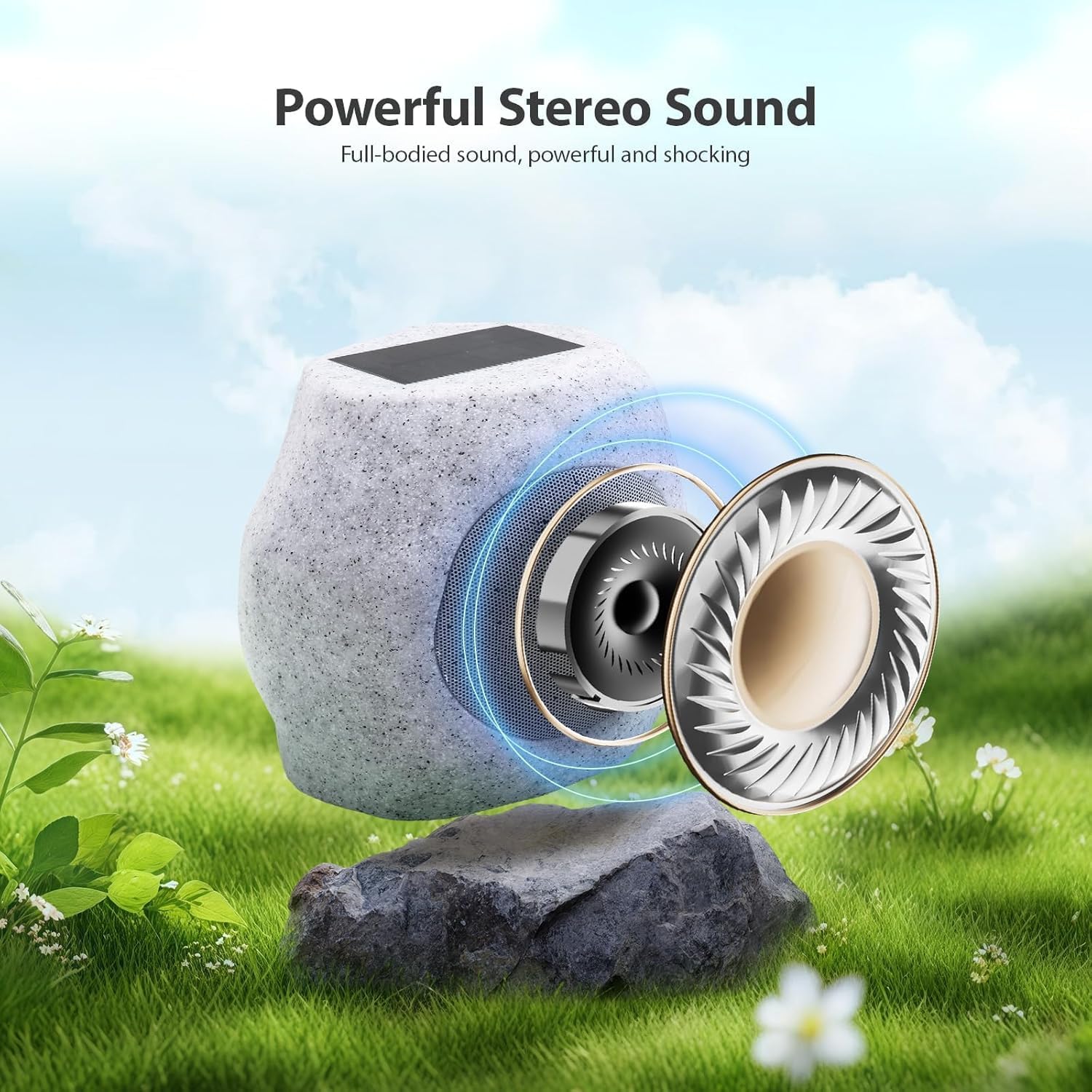 Outdoor Solar Rock Bluetooth Speakers with Colorful Lights, Deep Bass IPX4 Waterproof Speaker, Solar-Powered, TWS Paring, Perfect for Pool Garden and Outdoor Activities - Marble 2 Pack