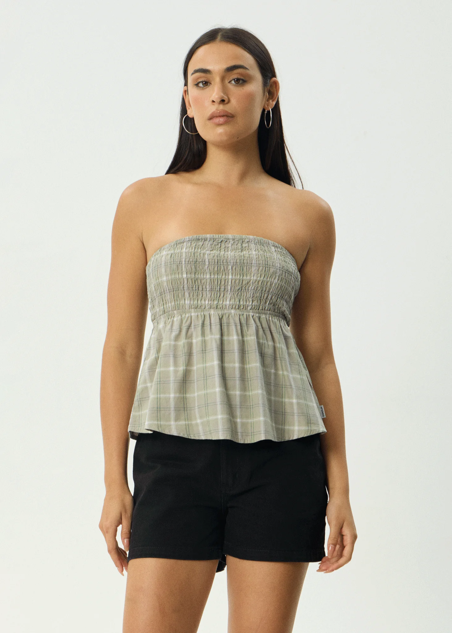 AFENDS Womens Scout - Check Strapless Top - Olive Check