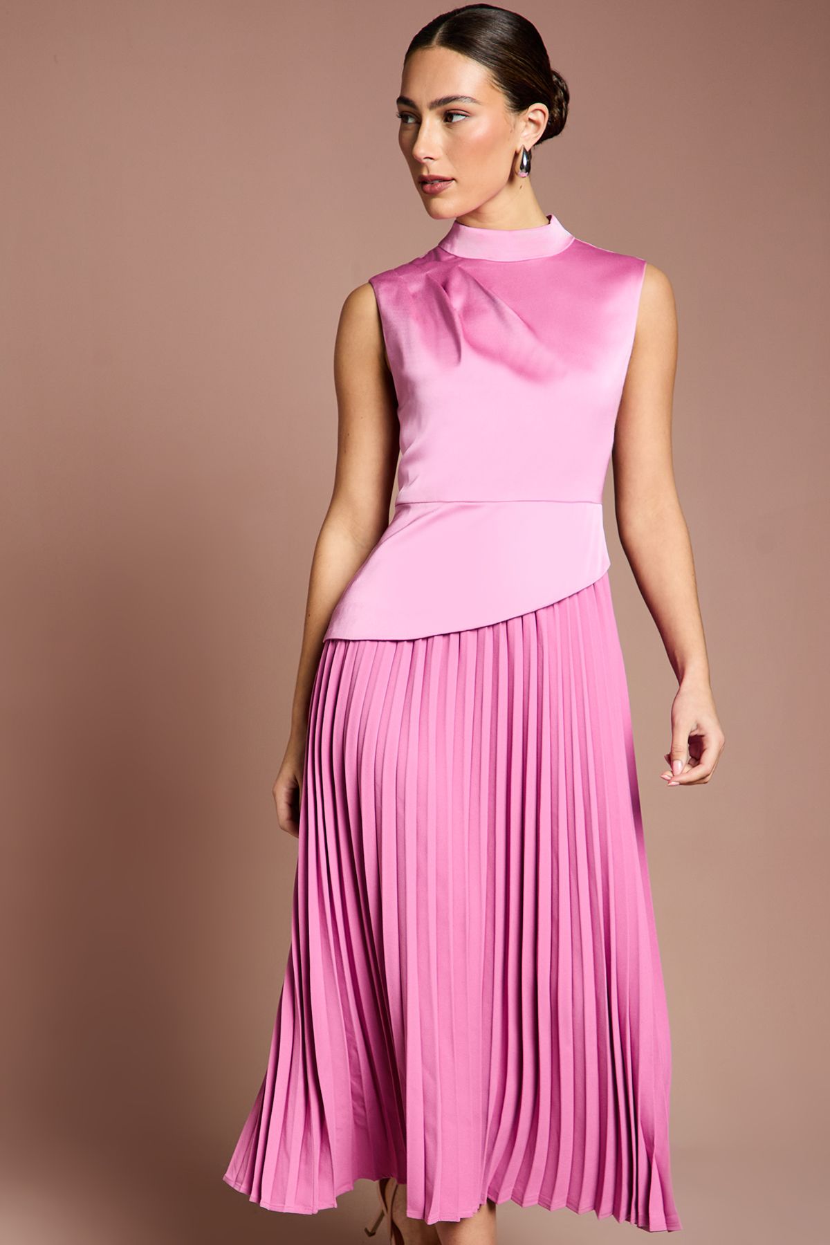 Coast Drape High Neck Pleated Skirt Midi Dress