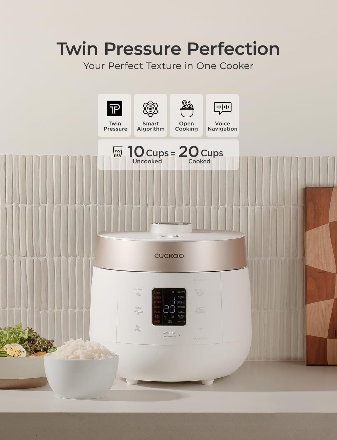 CUCKOO Twin Pressure Rice Cooker 10-Cup Uncooked / 20-Cup Cooked with Nonstick Inner Pot, Large Rice Maker & Warmer with 16 Menu Options, Open Cooking Mode, Voice Guide, White (CRP-ST1009FW)