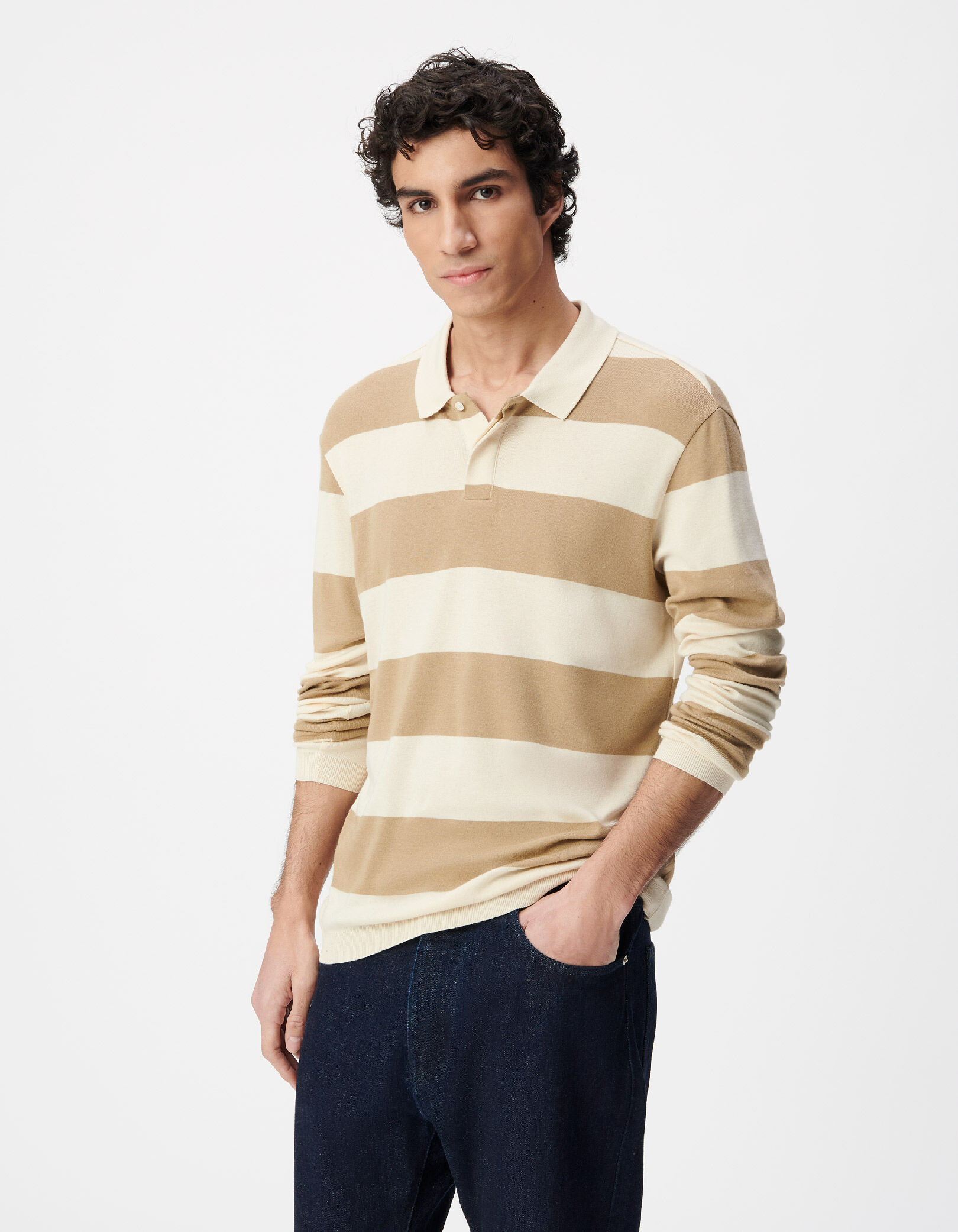 Polo manches longues beige larges rayures Homme