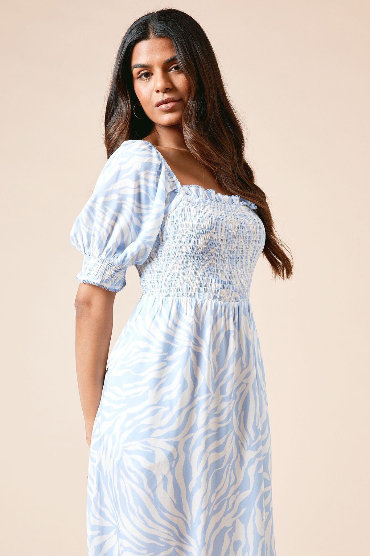 Dorothy Perkins Petite Blue Shirred Bodice Trim Detail Midaxi Dress