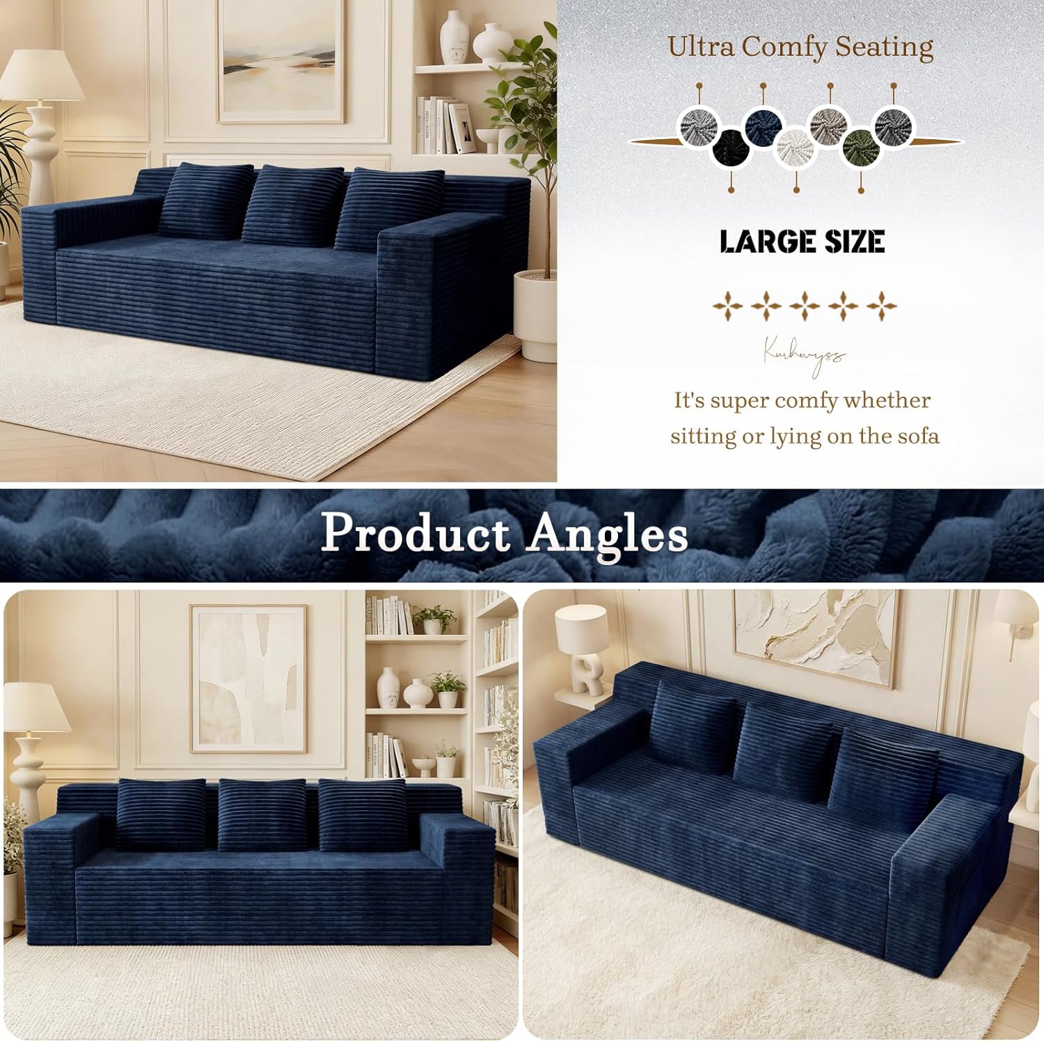 Kurhwyss 71 Corduroy Living Room Sofa, 3 Setaser Deep Seat Couch with 3 Lumbar Pillows, Comfy Boneless Sofa Modern Compressed Couch for Bedroom, Office, Apartment, No Assembly, Flat Armrests (Blue)