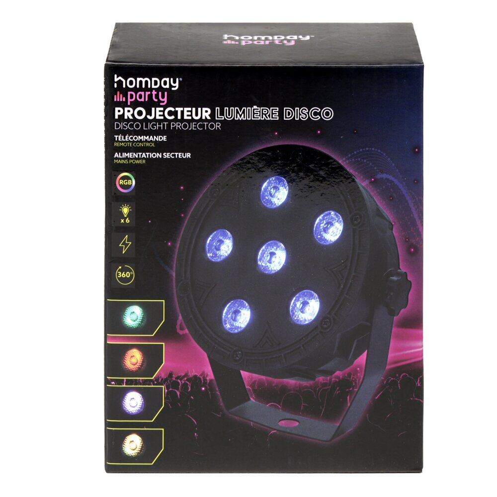 Projecteur de lumière disco rond 6LED RGB 360° avec télécommande H14cm