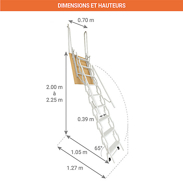 Echelle accordéon avec trappe blanche - 2 main-courantes - Hauteur d'accès 2,00 à 2,25m - PALCO/A/B/2M-225
