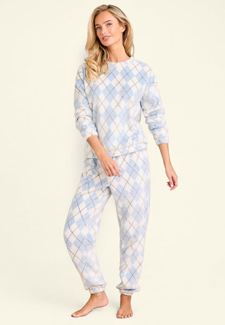 Womens Blue Argyle Fleece Pyjama Set