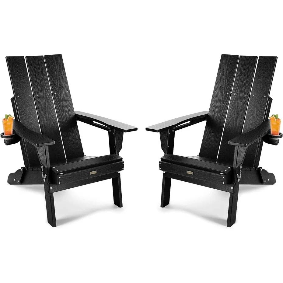 WINSOON Modern HDPE Outdoor Folding Adirondack Chair With Cup Holder-Set Of 2