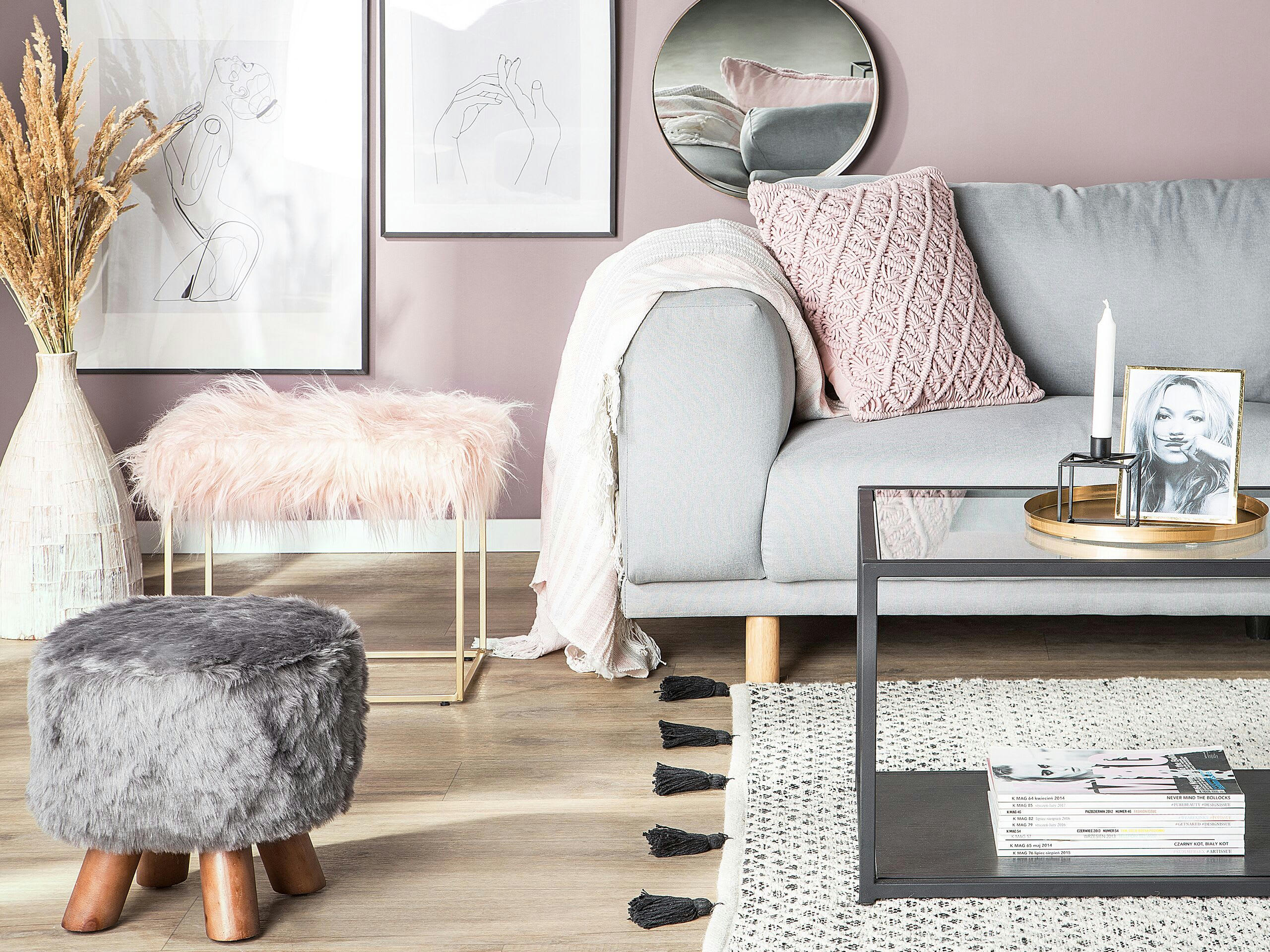 MANHATTAN - Tabouret en fausse fourrure rose