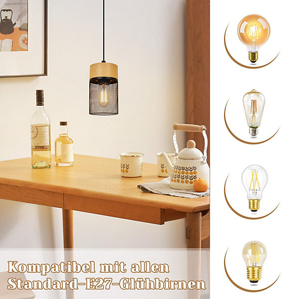 NETTLIFE Lampe à suspendre Vintage Bois veiné Table à manger Noir Industriel E27 25W Suspension