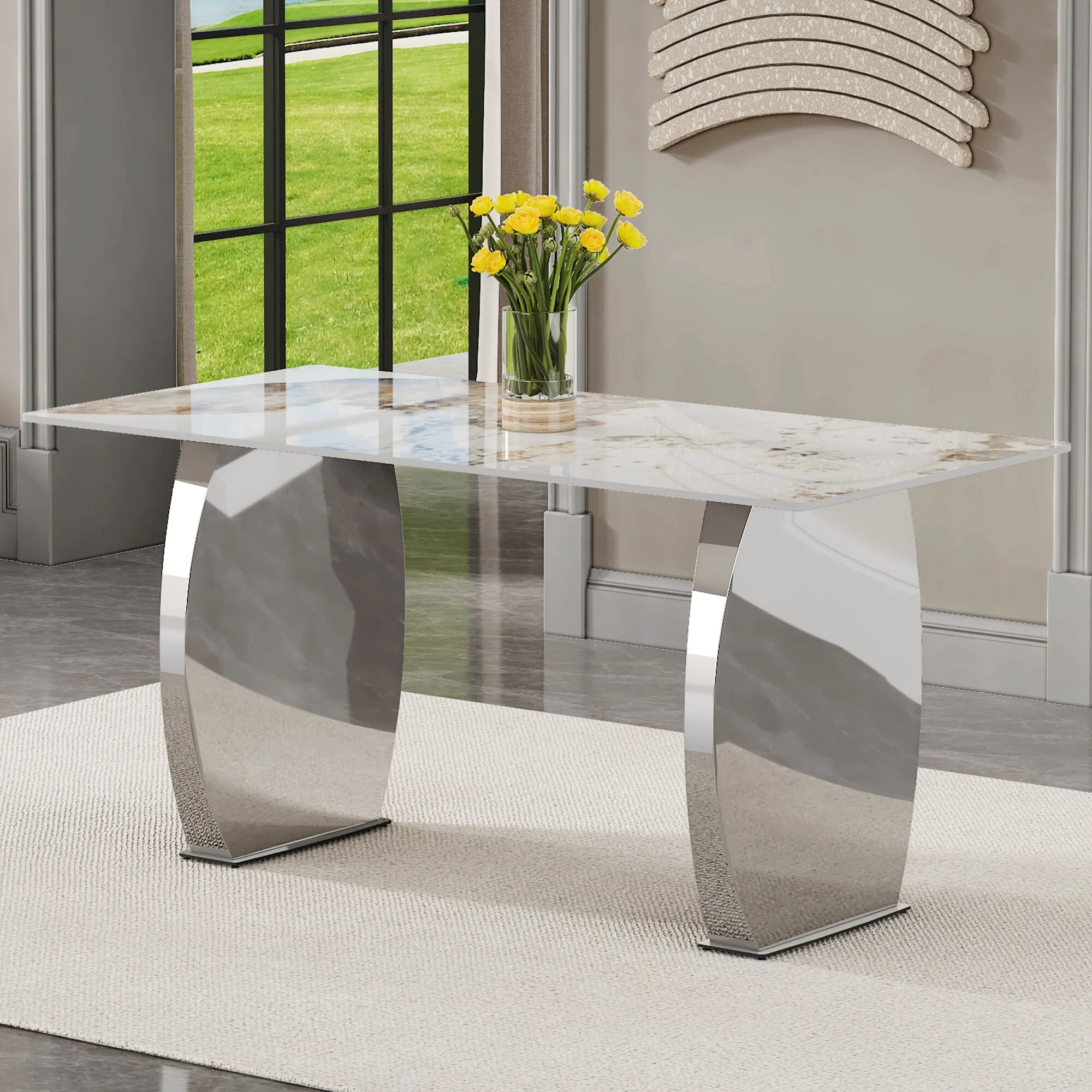 Modern rectangular dining table, imitation marbled rock plate table top, stainless steel table legs